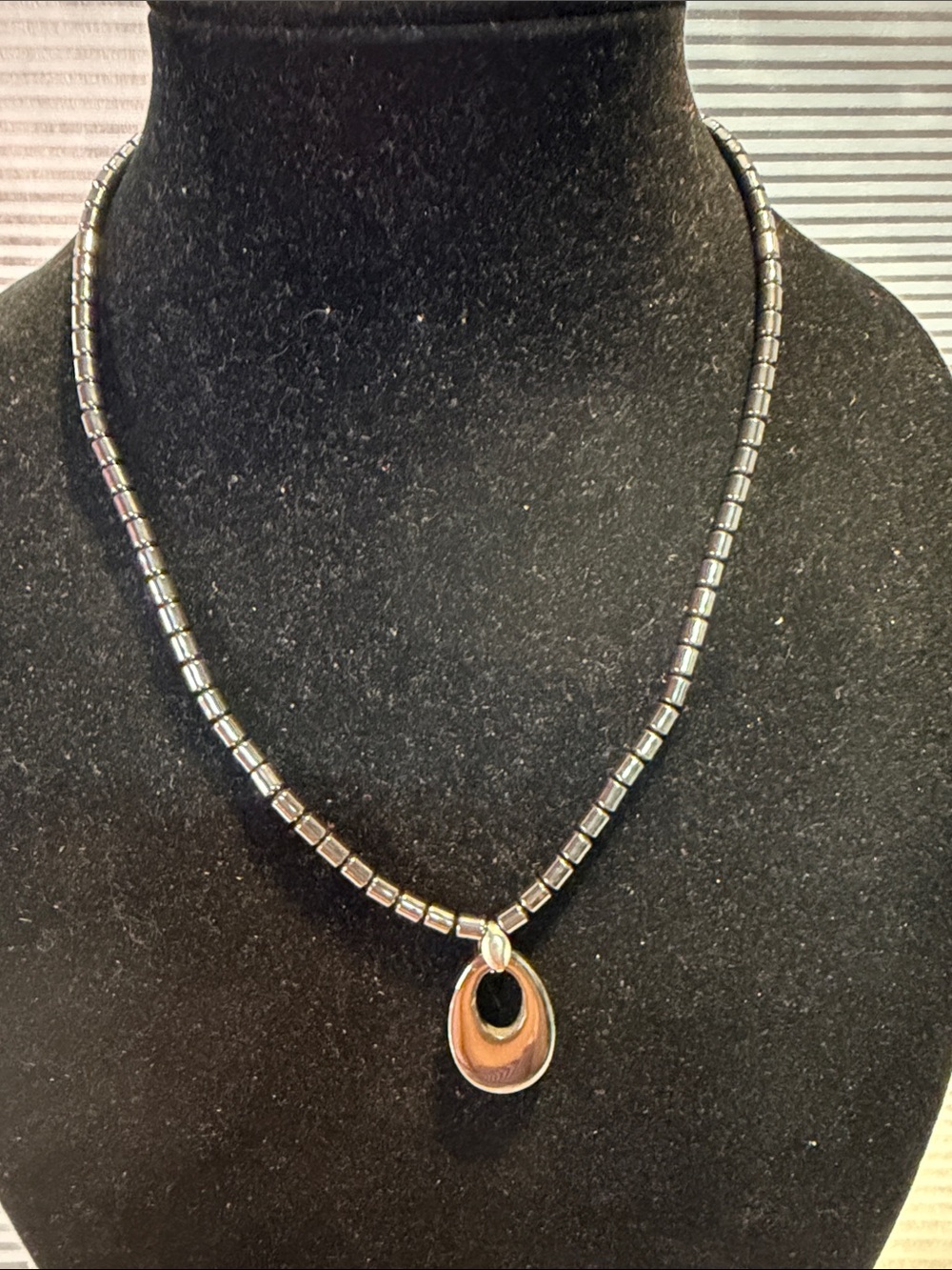 Hematite Beaded Necklace with Oval Pendant - Black-Tone